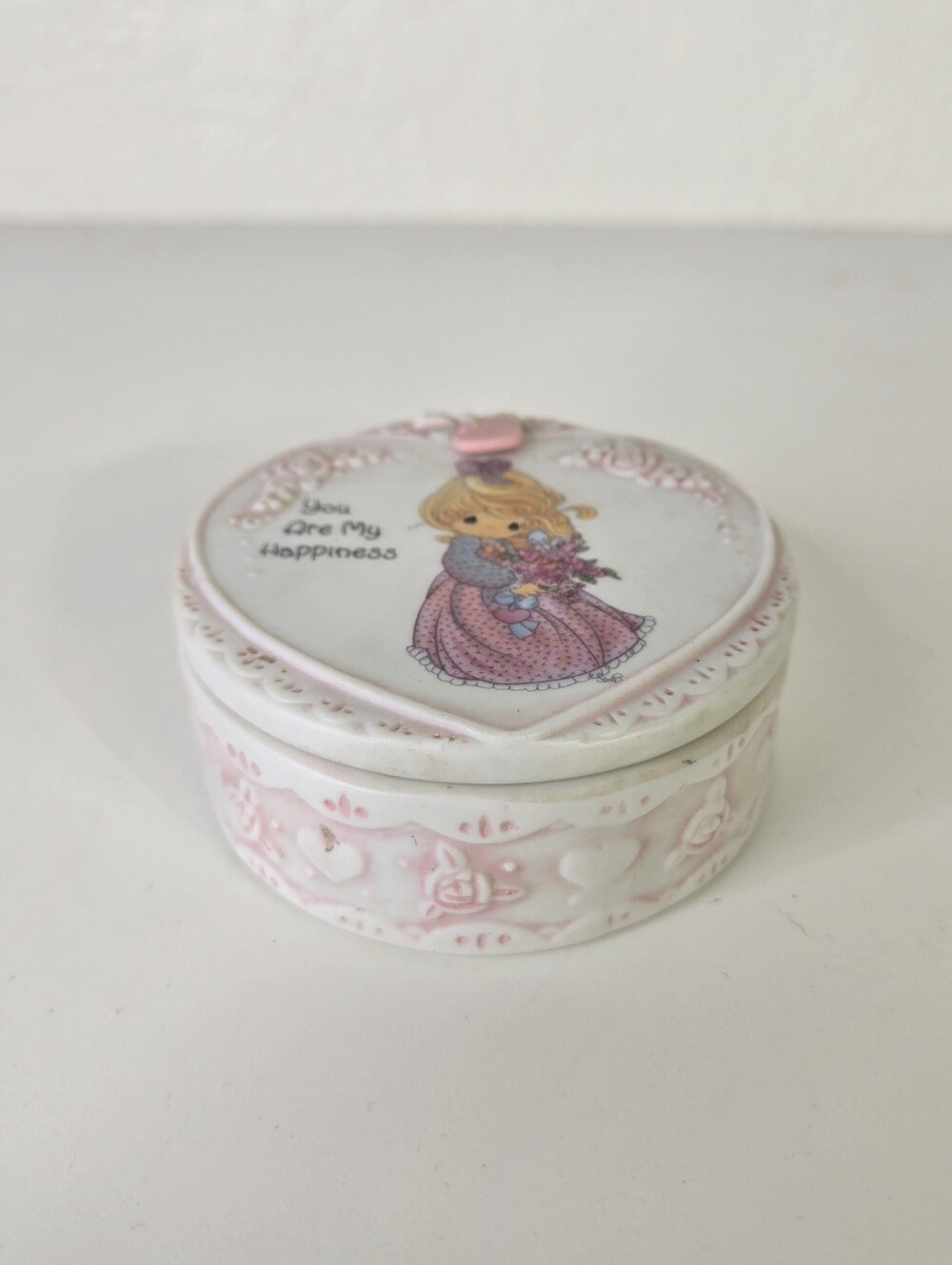 VTG‎ 1994 Enesco Precious moments "You Are My Happiness" Round Trinket Box Heart